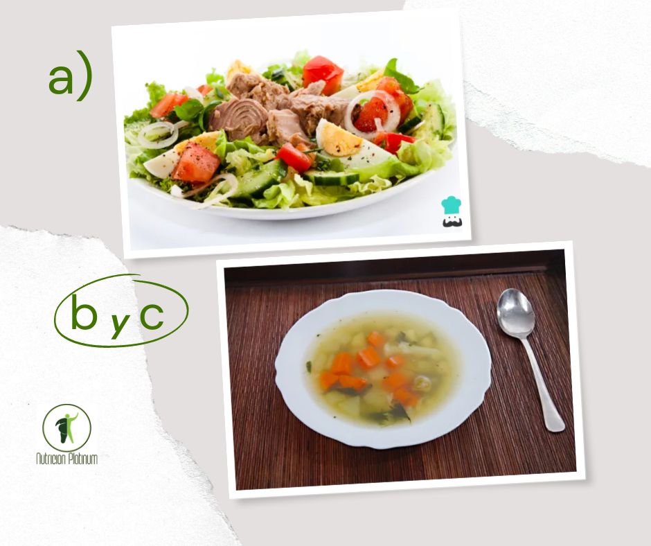 Ensalada de verduras variadas con Sopa ligera de pollo.